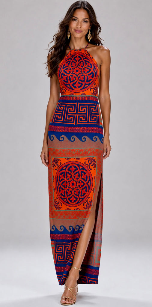 maxi dress orange and blue Navy And Orange Printed Maxi Dress With Slits