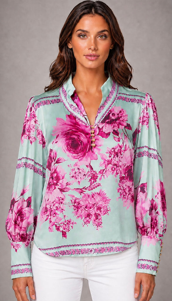 Blossom Blouse 703 - Aqua & Pink