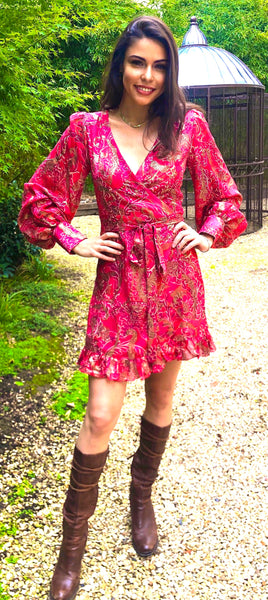 Ruby Red and Gold Wrap Dress - Pre Order Now for October Delivery
