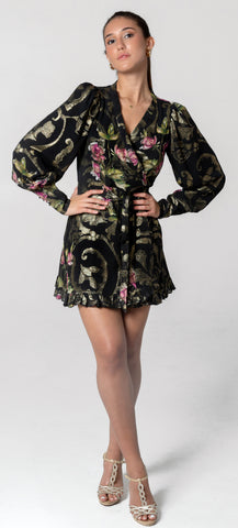 Roses and Gold Silk Chiffon Wrap Dress